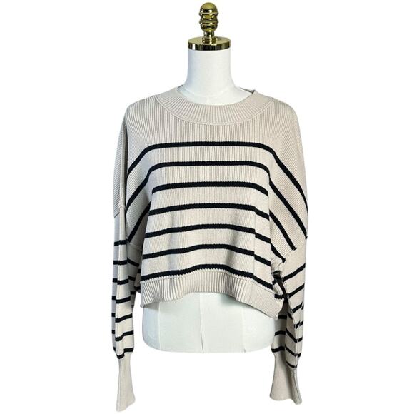 Free People Easy Street Stripe Crop Pullover Large Cream Black  Coastal Preppy - Picture 7 of 16